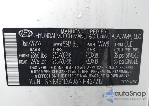 2022 Hyundai Santa Fe Se z USA, uszkodzony, nr VIN 5NMS1DAJ6NH427212
